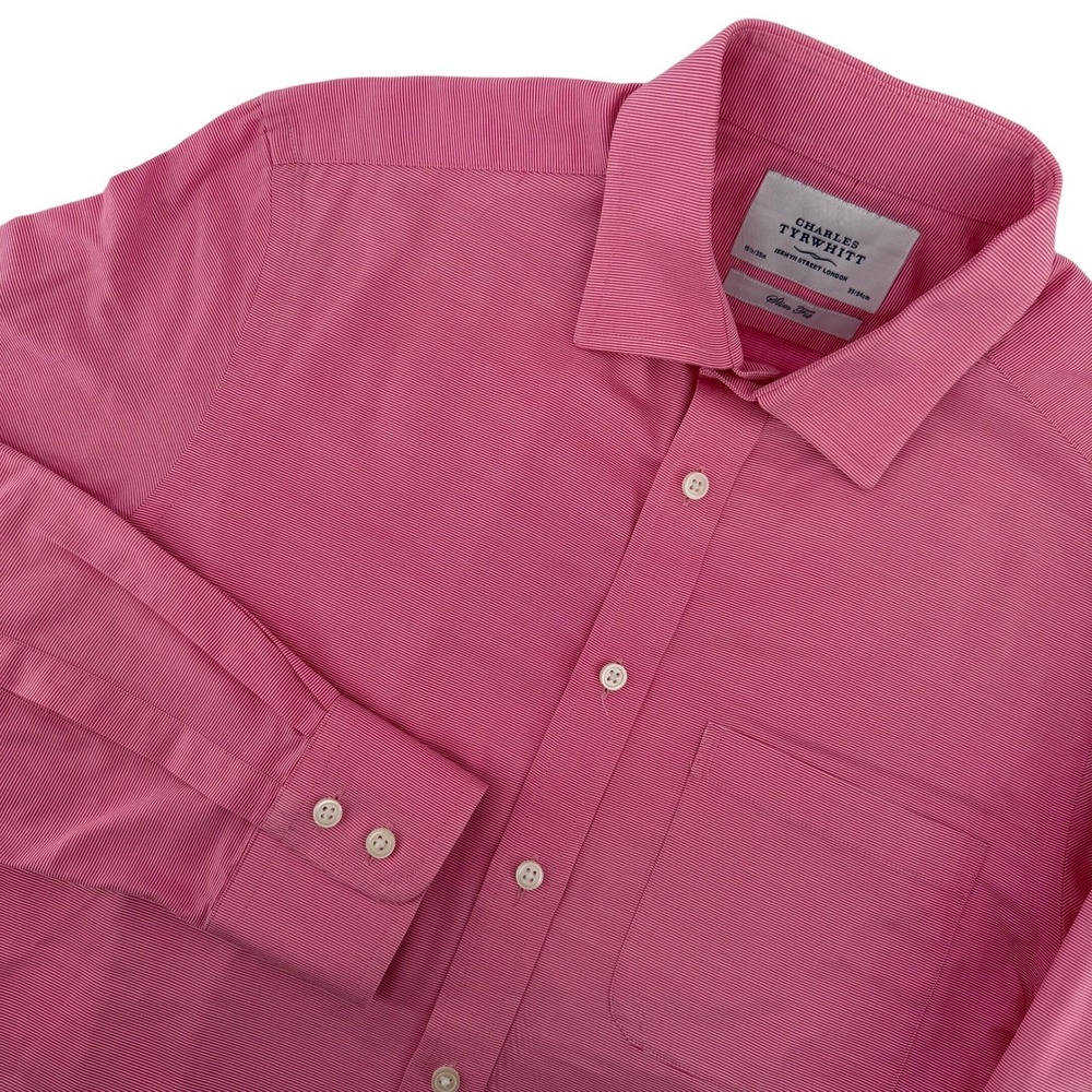 Charles Tyrwhitt Dress Shirt Mens 15.5/33 Pink Slim Fit Micro Stripe Cotton Prep